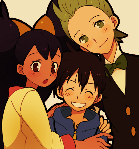 ash ketchum, iris, and cilan (pokemon and 1 more) drawn by ochappa