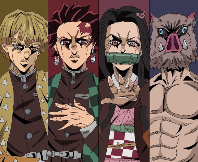 kamado nezuko, kamado tanjirou, agatsuma zenitsu, and hashibira inosuke (jojo no kimyou na bouken and 1 more) drawn by tomo_(torauto_saamon)