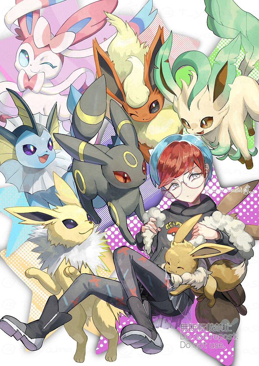 eevee, sylveon, umbreon, vaporeon, leafeon, and 3 more (pokemon and 1 more) drawn by yamanashi_taiki
