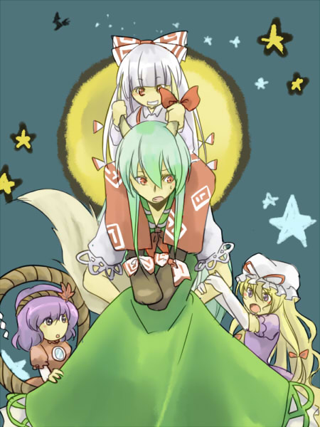 yakumo yukari, fujiwara no mokou, kamishirasawa keine, yasaka kanako, and ex-keine (touhou) drawn by pakuchii