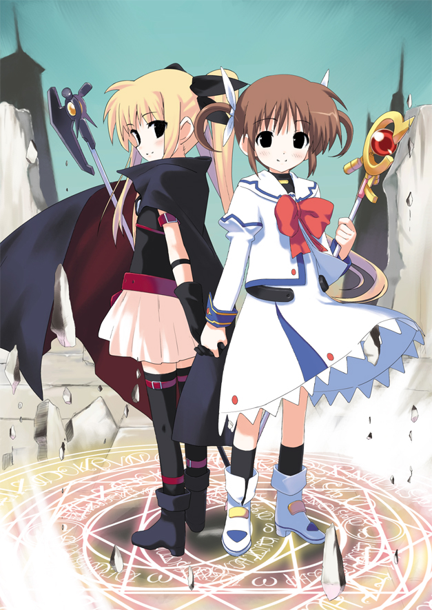 fate testarossa, takamachi nanoha, raising heart, and bardiche (lyrical nanoha and 1 more) drawn by hiide