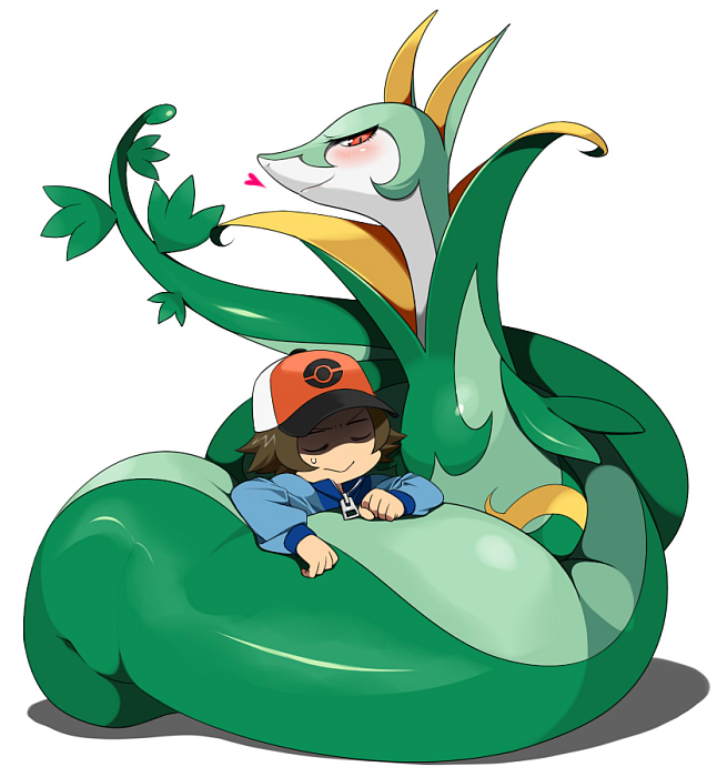 hilbert and serperior (pokemon and 1 more) drawn by agemono