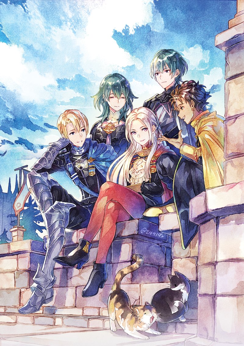 female byleth, edelgard von hresvelg, dimitri alexandre blaiddyd, male byleth, and claude von riegan (fire emblem and 1 more) drawn by xin_(24914)