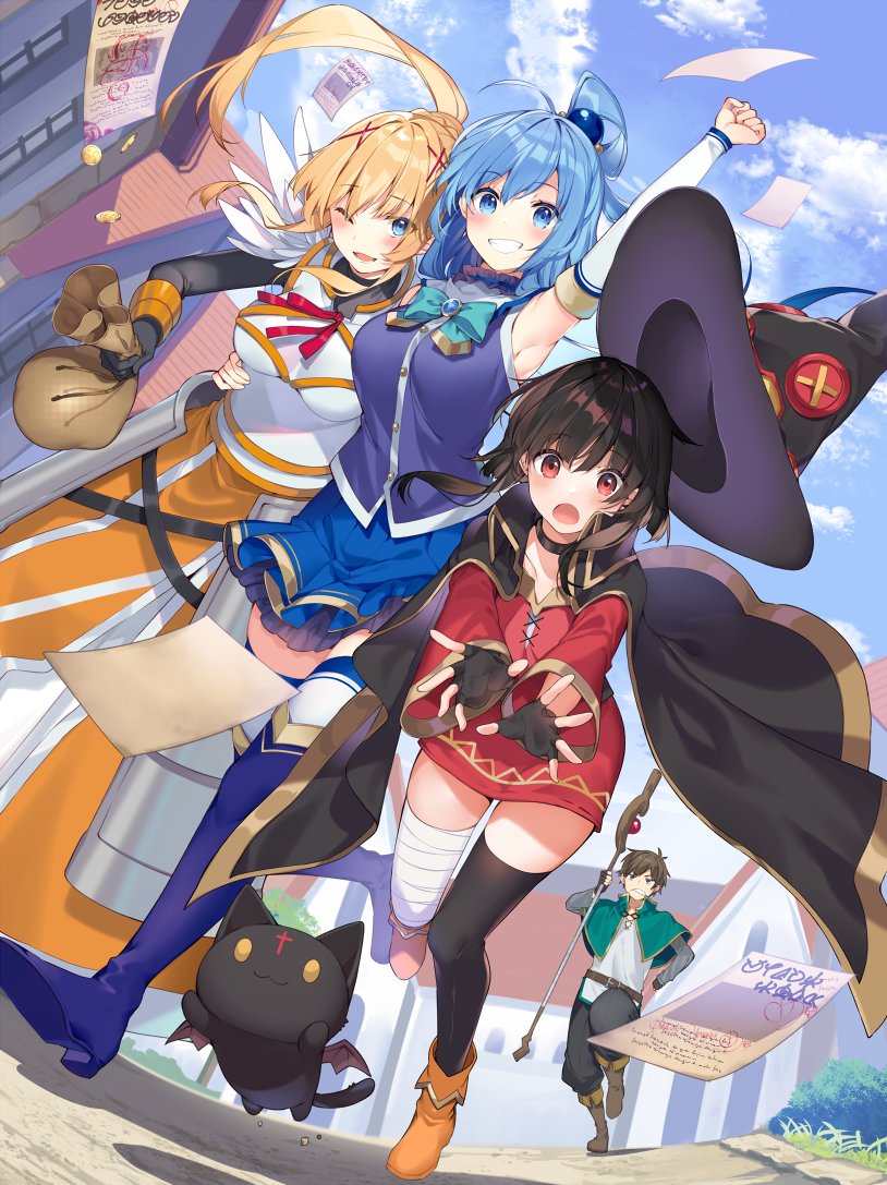 megumin, aqua, darkness, and satou kazuma (kono subarashii sekai ni shukufuku wo!) drawn by mishima_kurone