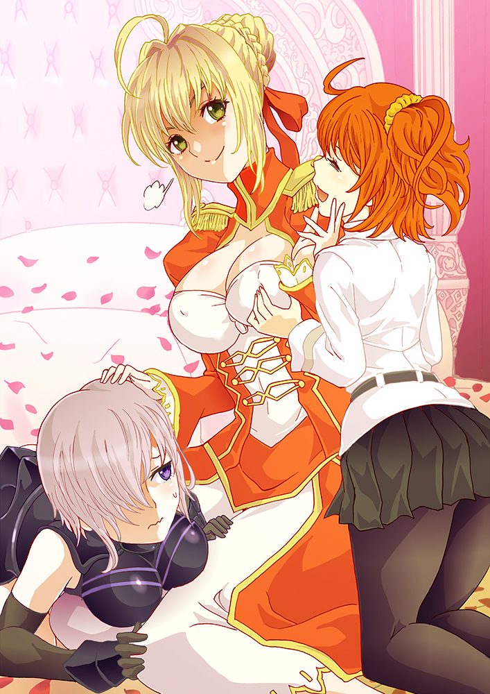 mash kyrielight, fujimaru ritsuka, and nero claudius (fate and 2 more) drawn by rurukichi