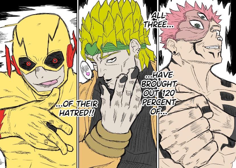 dio brando, ryoumen sukuna, reverse flash, eobard thawne, and professor zoom (jojo no kimyou na bouken and 2 more) drawn by diobutfemale