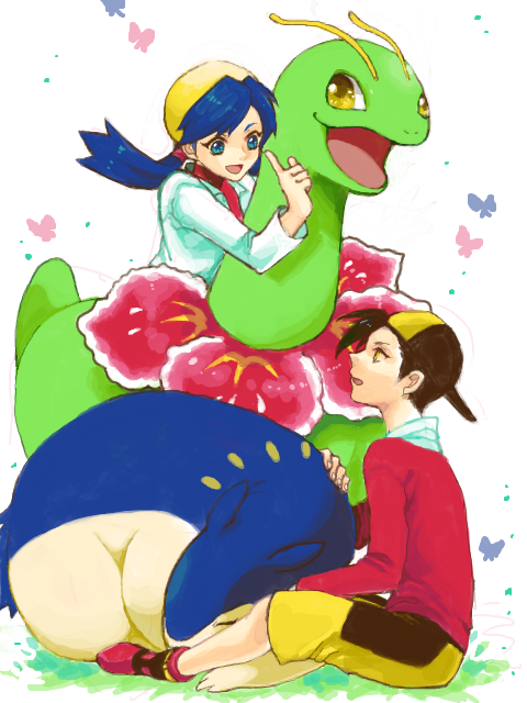 ethan, kris, typhlosion, and meganium (pokemon and 1 more) drawn by gyagu