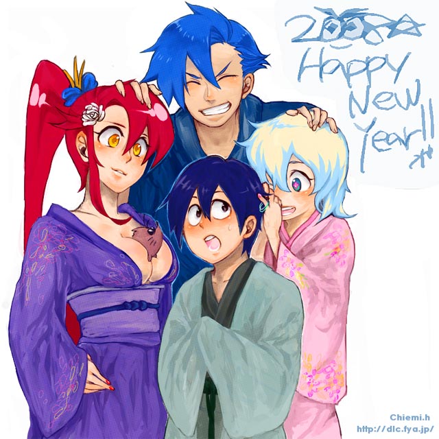 yoko littner, nia teppelin, simon, kamina, and boota (tengen toppa gurren lagann) drawn by hikiya