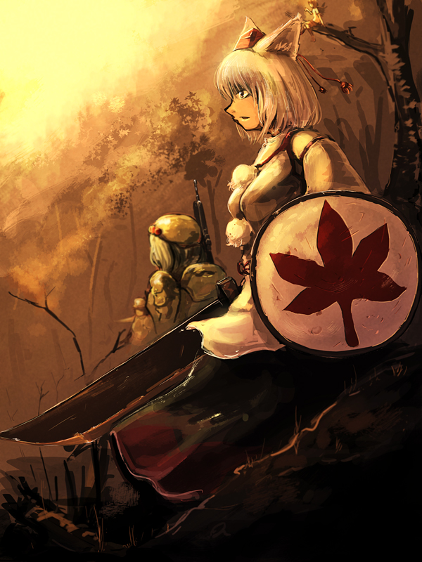 shameimaru aya, inubashiri momiji, kawashiro nitori, and dark haired kappa (touhou) drawn by heiya