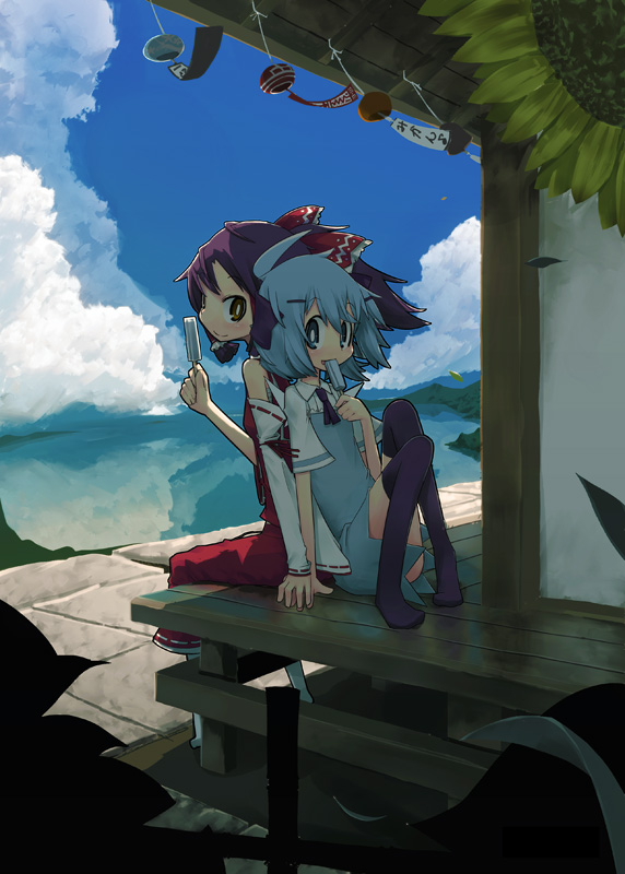 hakurei reimu and cirno (touhou) drawn by kamonari_ahiru