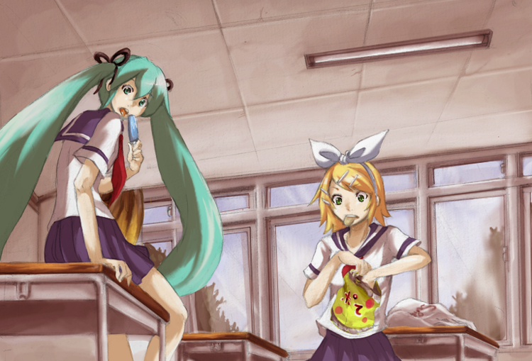 hatsune miku and kagamine rin (vocaloid) drawn by shugaa