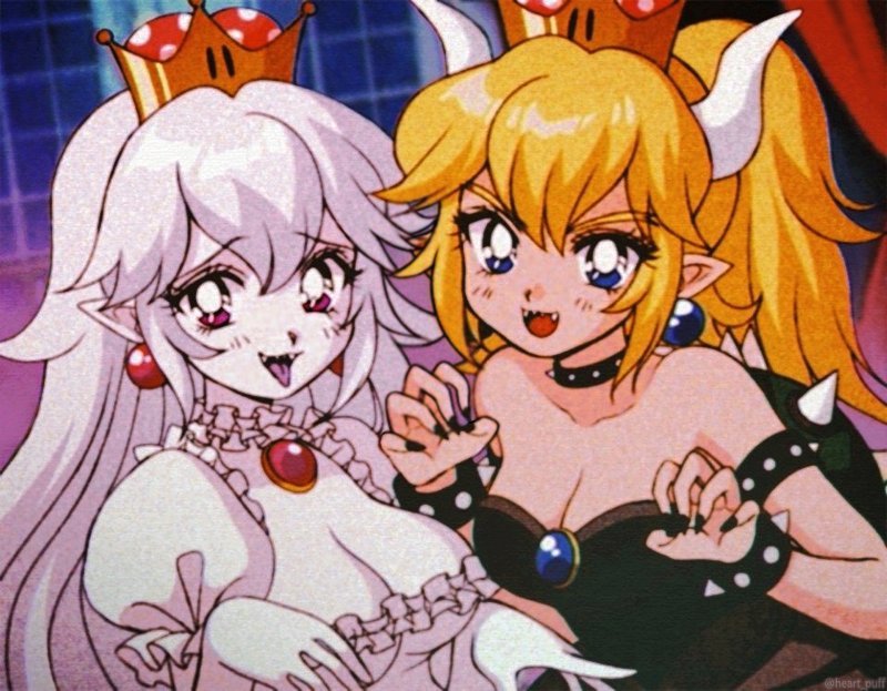 bowsette and princess king boo (mario and 2 more) drawn by pikiru