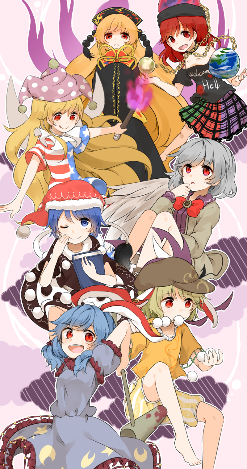 clownpiece, junko, hecatia lapislazuli, kishin sagume, doremy sweet, and 2 more (touhou and 1 more) drawn by misha_(hoongju)