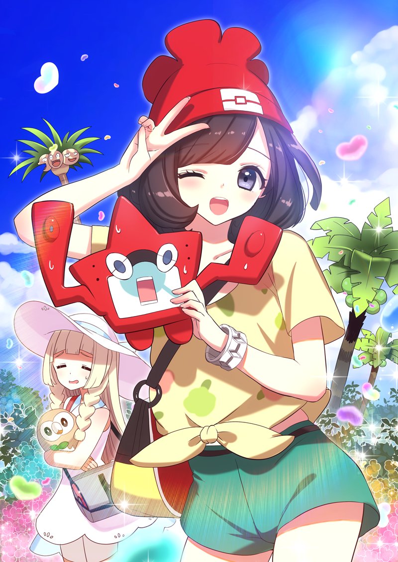 lillie, selene, rotom, rowlet, rotom dex, and 1 more (pokemon and 1 more) drawn by tsukigami_runa