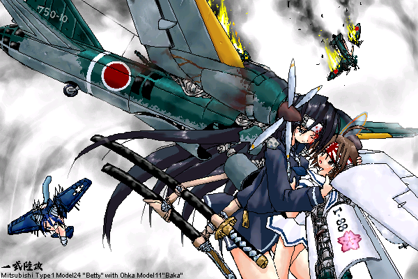 f6f hellcat, ohka, and g4m (original) drawn by yonezuka_ryou