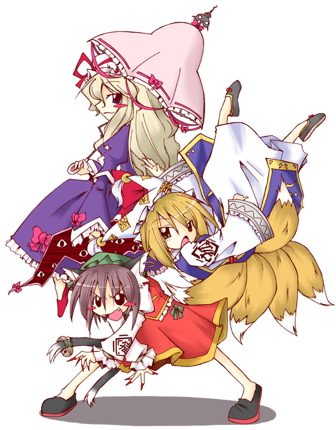 yakumo yukari, yakumo ran, and chen (touhou) drawn by mogito