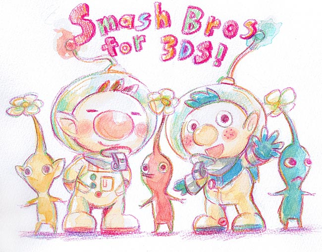 red pikmin, olimar, yellow pikmin, blue pikmin, and alph (super smash bros. and 1 more) drawn by hira_saiki