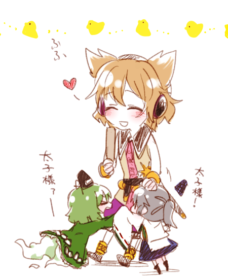 toyosatomimi no miko, mononobe no futo, and soga no tojiko (touhou) drawn by 6_(yuchae)