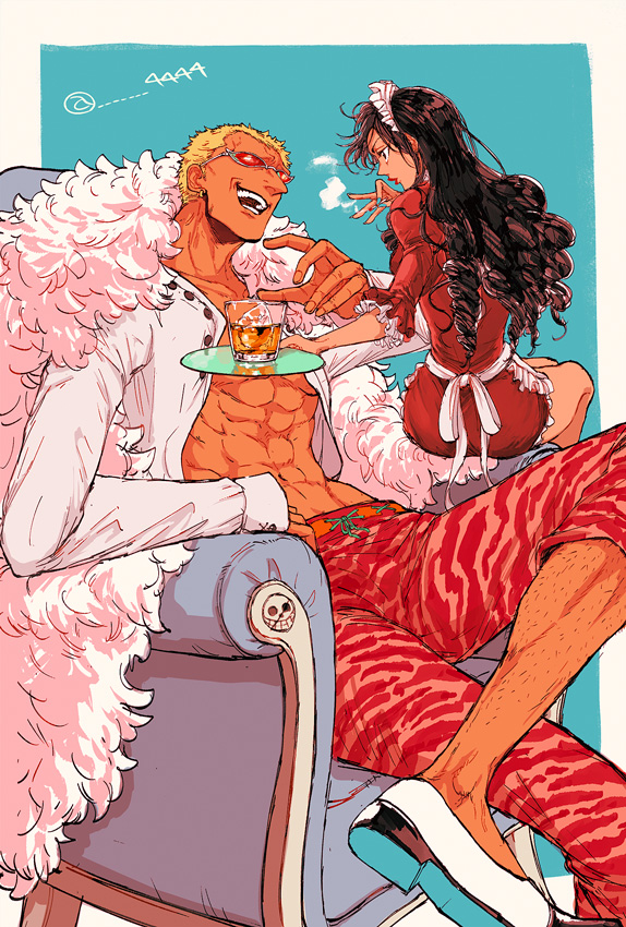 donquixote doflamingo and baby 5 (one piece) drawn by 4444_(tetsuya)