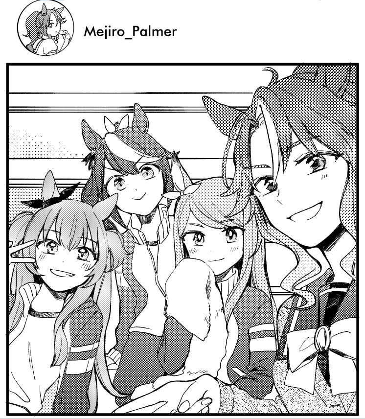 mejiro mcqueen, tokai teio, mayano top gun, and mejiro palmer (umamusume and 1 more) drawn by yonu_(yonurime)