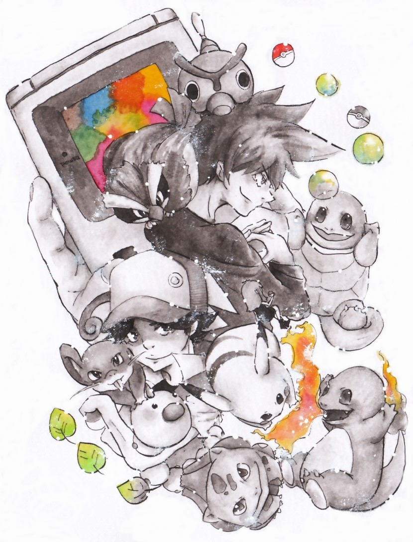 red, blue oak, bulbasaur, squirtle, charmander, and 1 more (pokemon and 1 more) drawn by gensai_(dharmas)