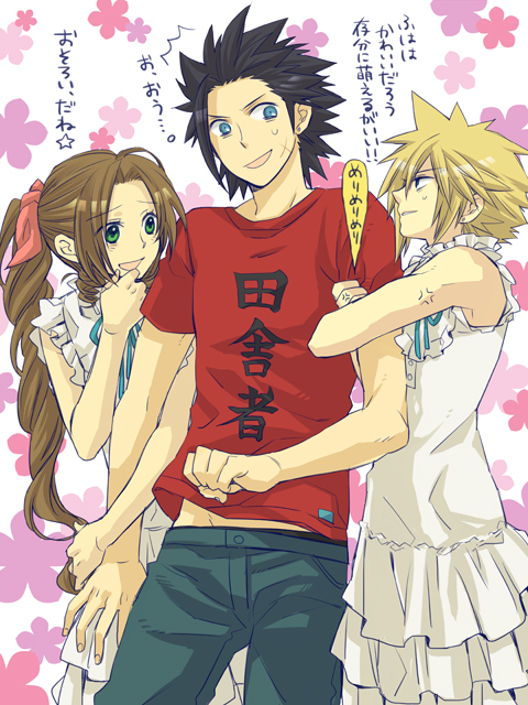 cloud strife, aerith gainsborough, zack fair, honma meiko, and yadomi jinta (final fantasy and 2 more) drawn by shichimiso