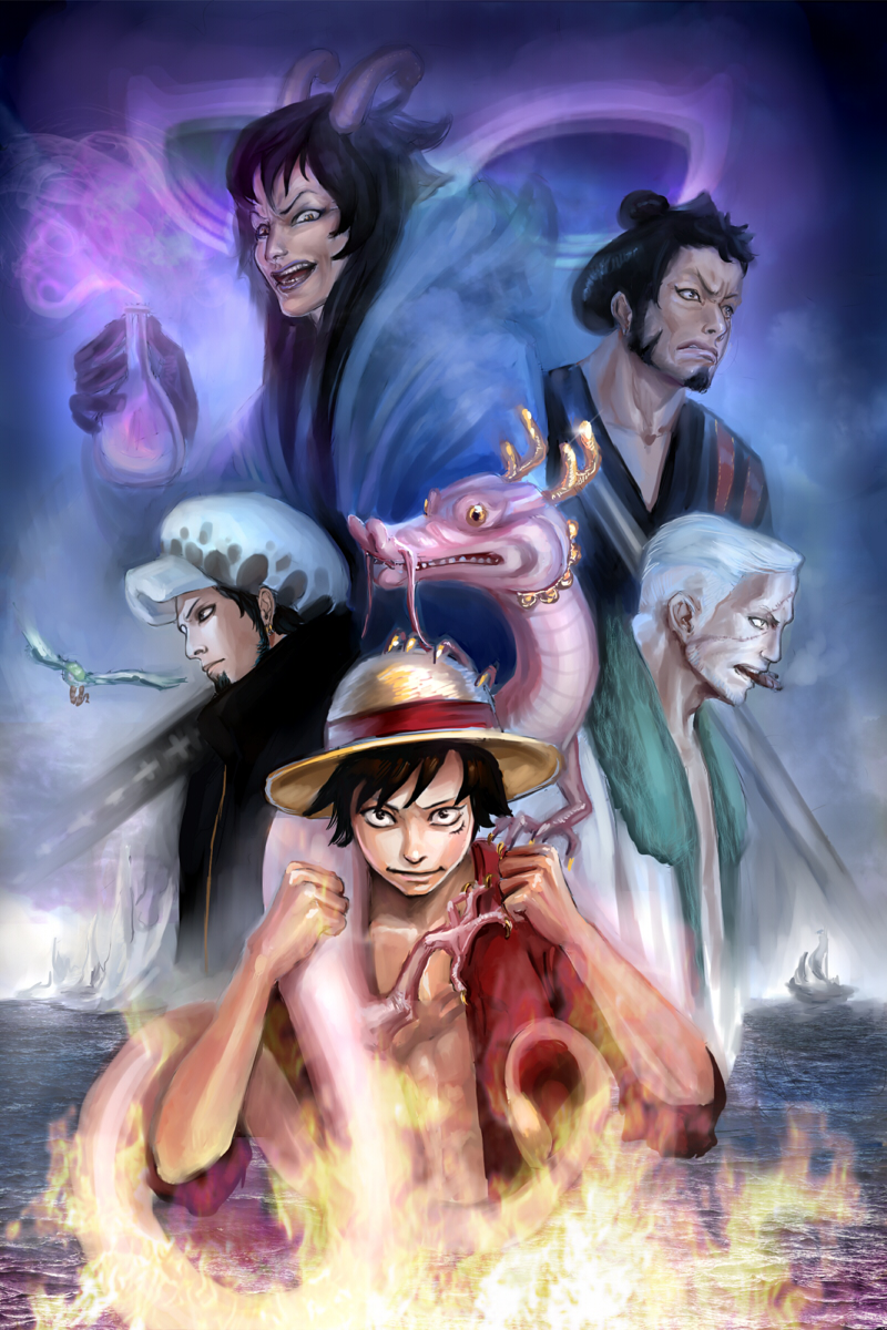 monkey d. luffy, trafalgar law, smoker, kouzuki momonosuke, kinemon, and 1 more (one piece) drawn by aivelin