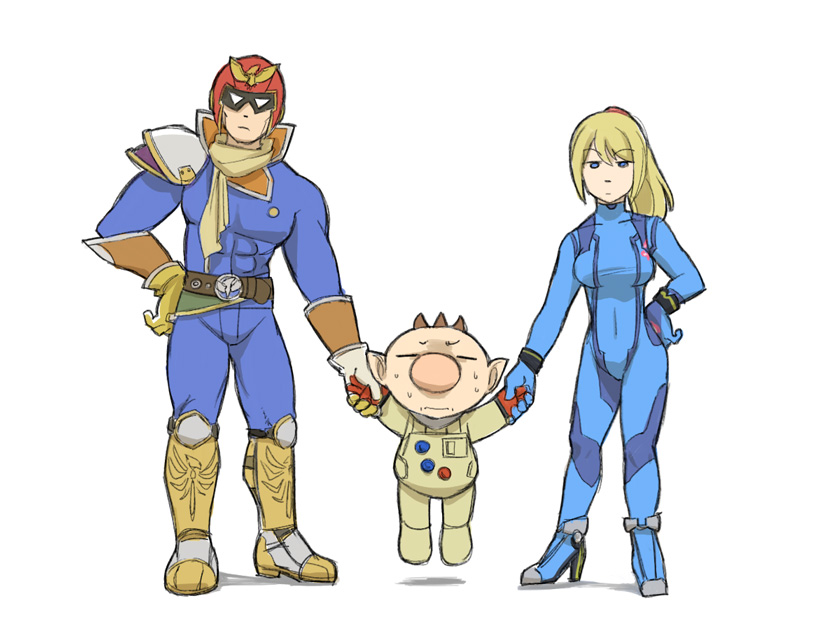 samus aran, olimar, and captain falcon (super smash bros. and 3 more) drawn by naru_(wish_field)
