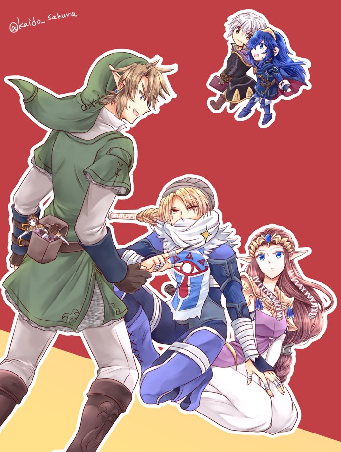 link, princess zelda, lucina, male robin, and sheik (fire emblem and 5 more) drawn by kaidou_mitsuki