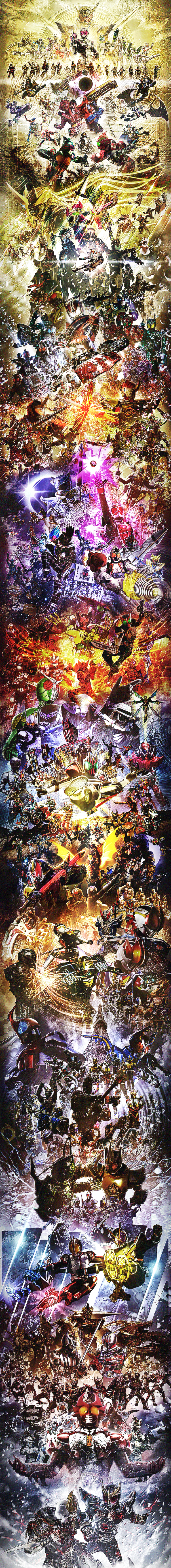 kamen rider kuuga, kamen rider decade, kamen rider double, kamen rider 1, kamen rider ooo, and 223 more (kamen rider and 48 more) drawn by masukudo_(hamamoto_hikaru)