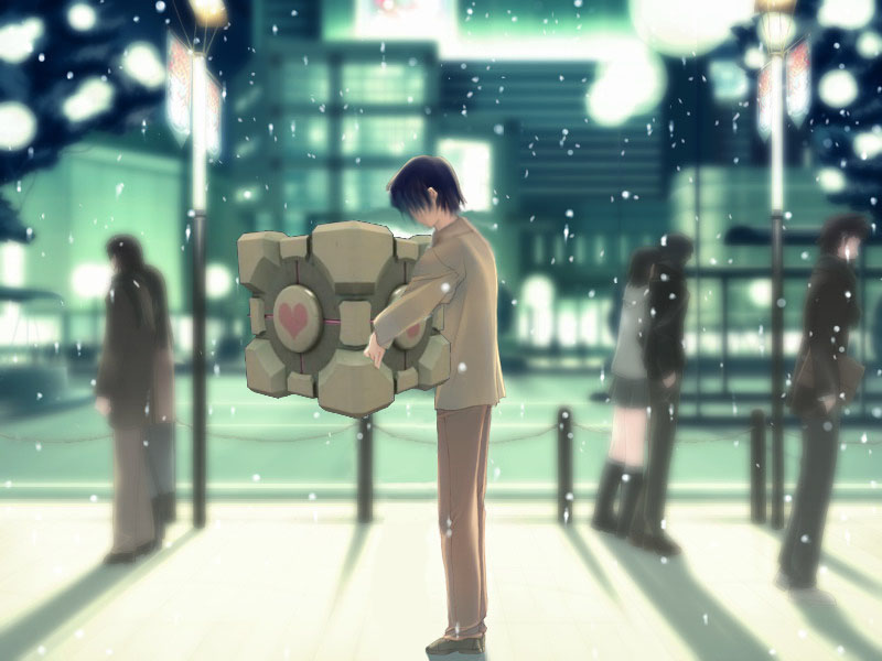 aperture science weighted companion cube and kida tokinori (portal and 2 more) drawn by nakamura_takeshi