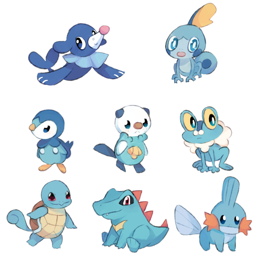 piplup, oshawott, squirtle, sobble, popplio, and 3 more (pokemon) drawn by charamells