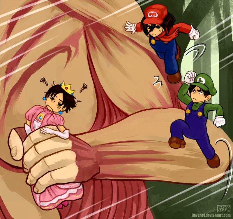 princess peach, mario, mikasa ackerman, eren yeager, luigi, and 3 more (mario and 1 more) drawn by haychel