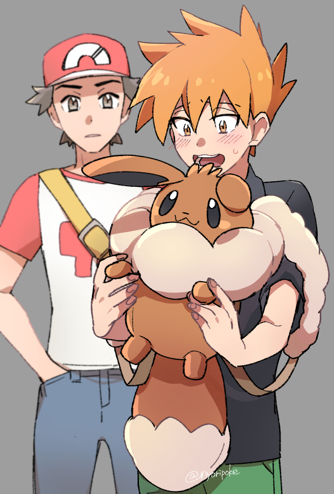 eevee, red, and blue oak (pokemon and 1 more) drawn by nyoripoke