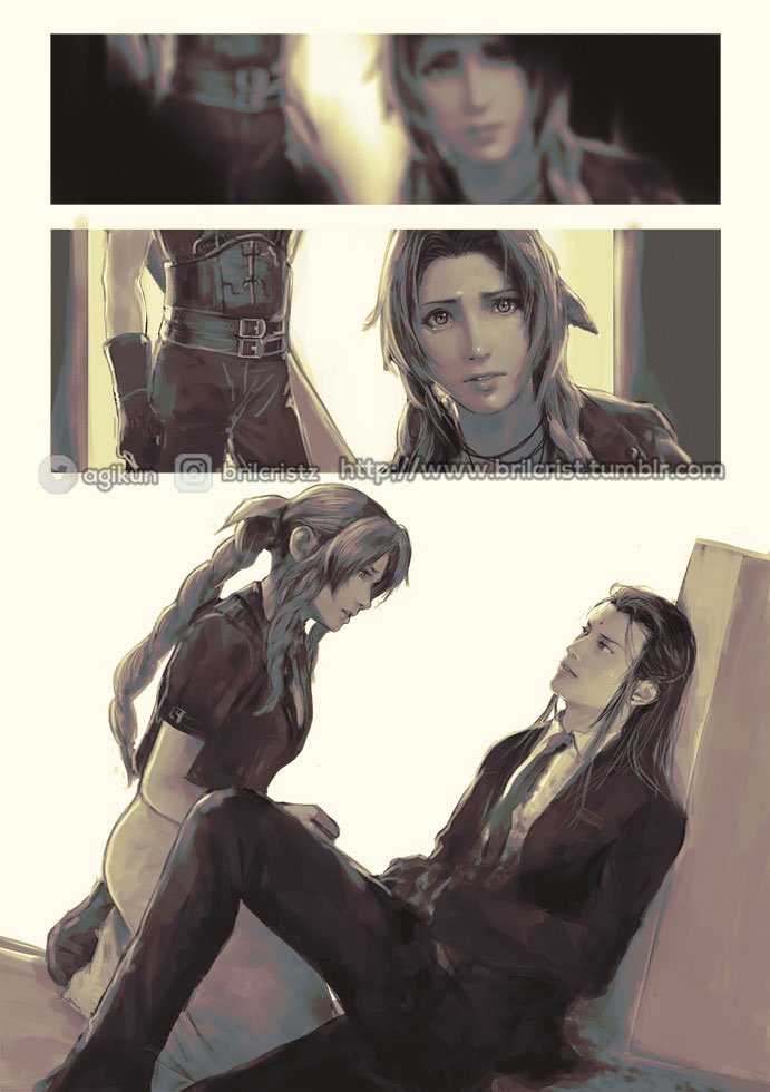 cloud strife, aerith gainsborough, and tseng (final fantasy and 2 more) drawn by brilcrist