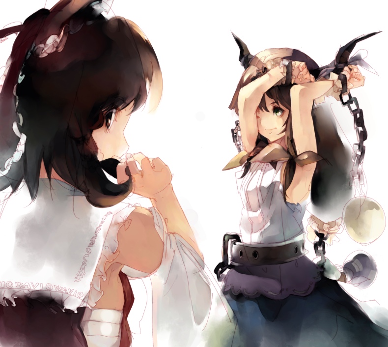 hakurei reimu and ibuki suika (touhou) drawn by salada