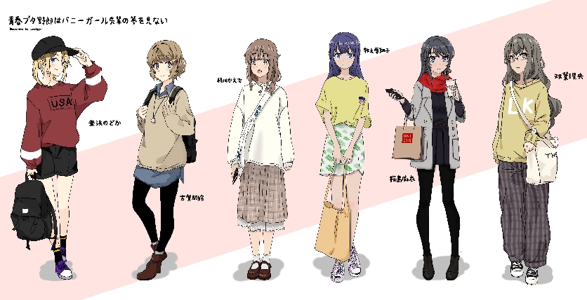 sakurajima mai, futaba rio, makinohara shouko, azusagawa kaede, koga tomoe, and 1 more (seishun buta yarou) drawn by lonkipper