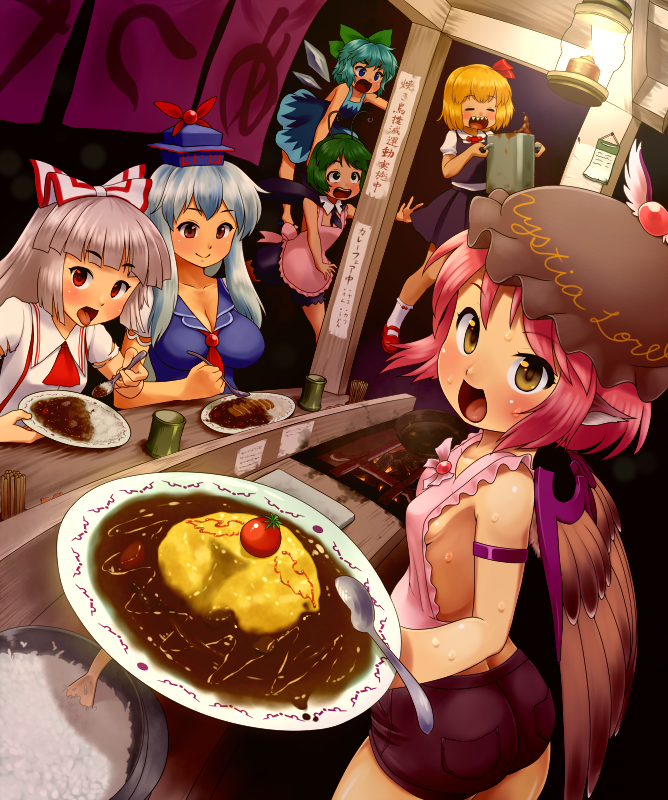 cirno, fujiwara no mokou, rumia, kamishirasawa keine, mystia lorelei, and 1 more (touhou) drawn by d.koutya