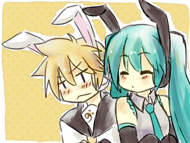 hatsune miku and kagamine len (vocaloid) drawn by hikusa
