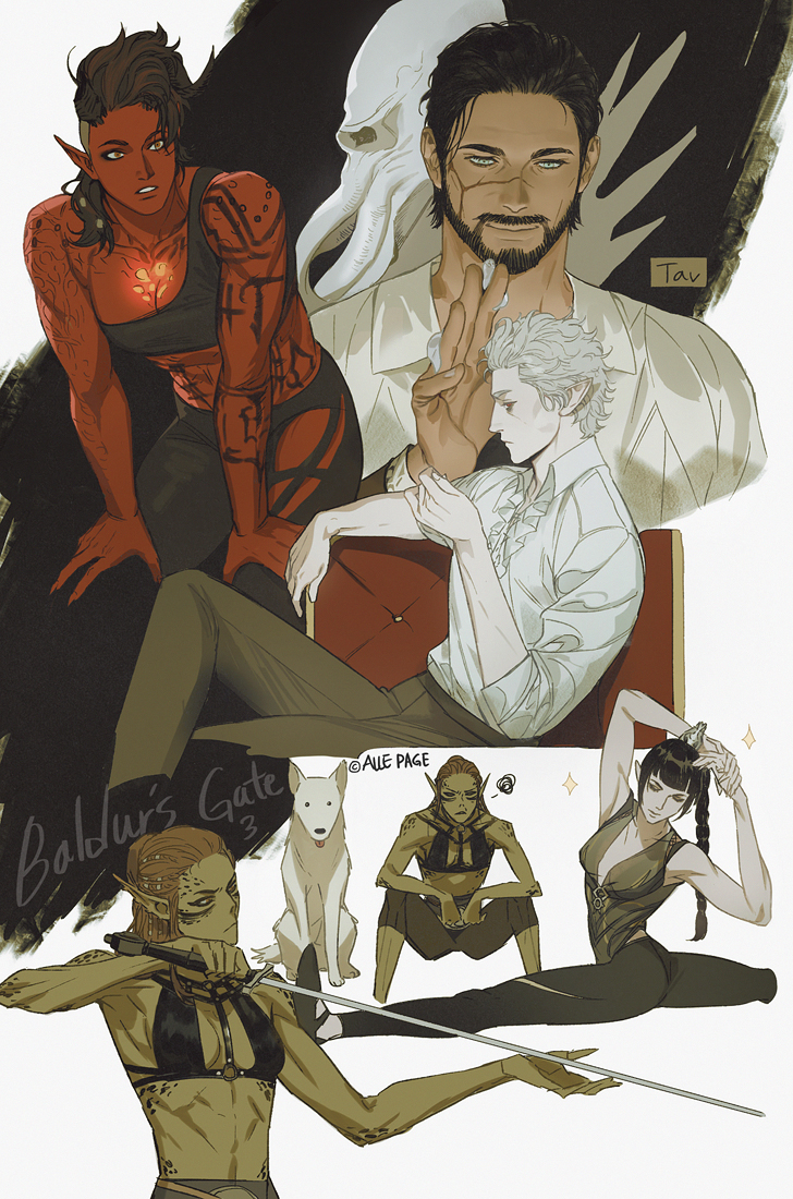 shadowheart, astarion, karlach, tav, lae'zel, and 2 more (dungeons & dragons and 2 more) drawn by alle_page