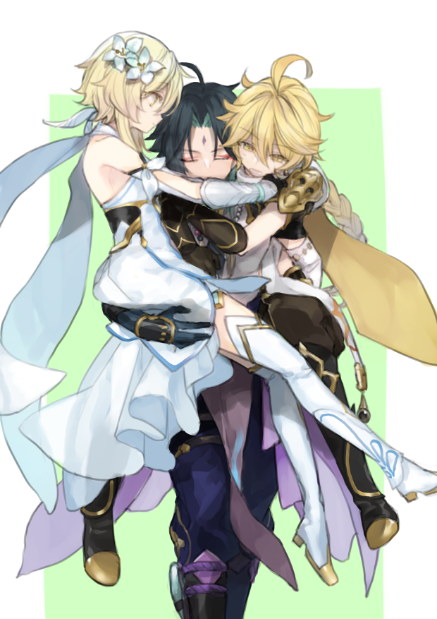 lumine, aether, and xiao (genshin impact) drawn by maka_(morphine)