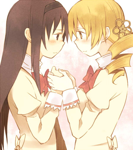akemi homura and tomoe mami (mahou shoujo madoka magica) drawn by kutsuwada_on