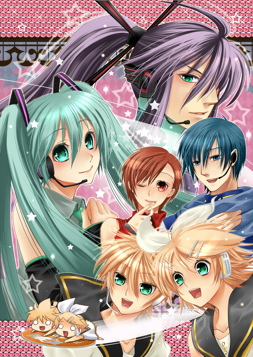 hatsune miku, kagamine rin, kagamine len, kaito, meiko, and 1 more (vocaloid) drawn by tamara