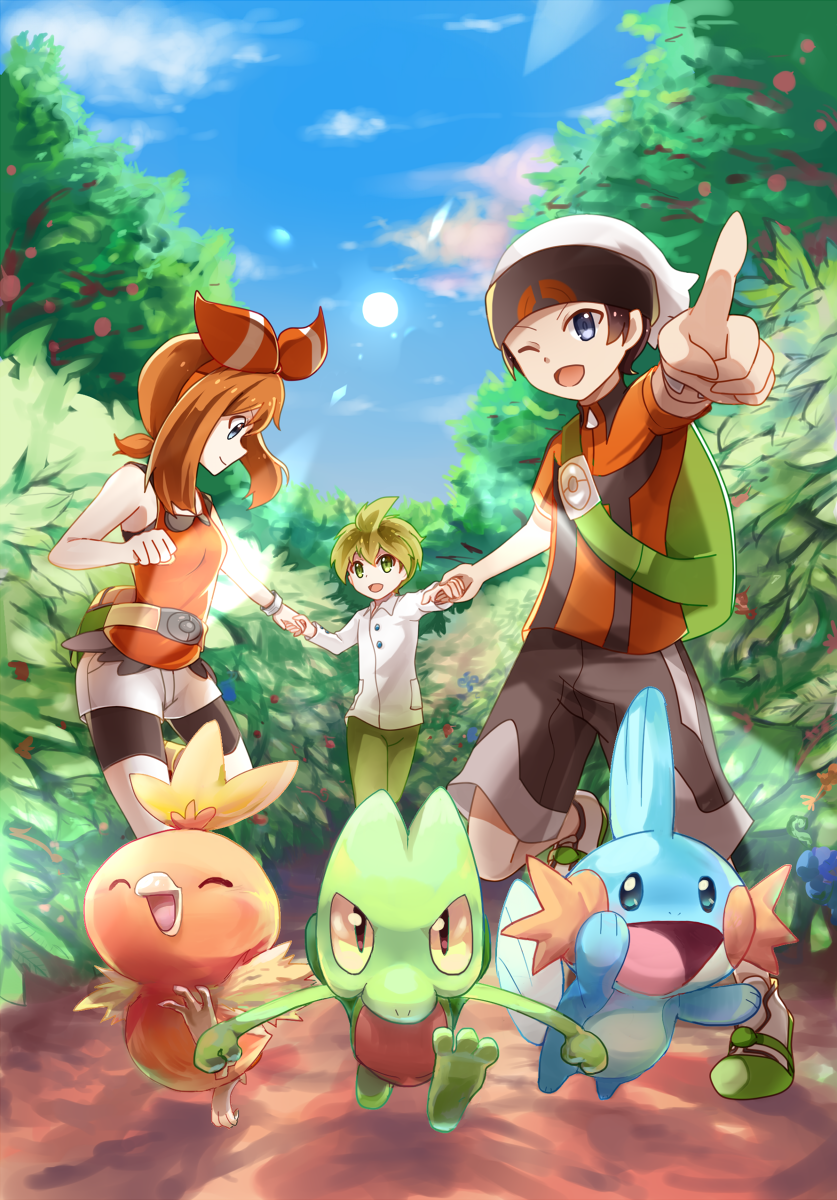 may, brendan, torchic, mudkip, treecko, and 1 more (pokemon and 2 more) drawn by yuinya_(chicken5536)