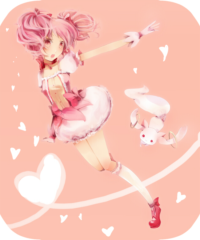 kaname madoka and kyubey (mahou shoujo madoka magica) drawn by kurone_roku