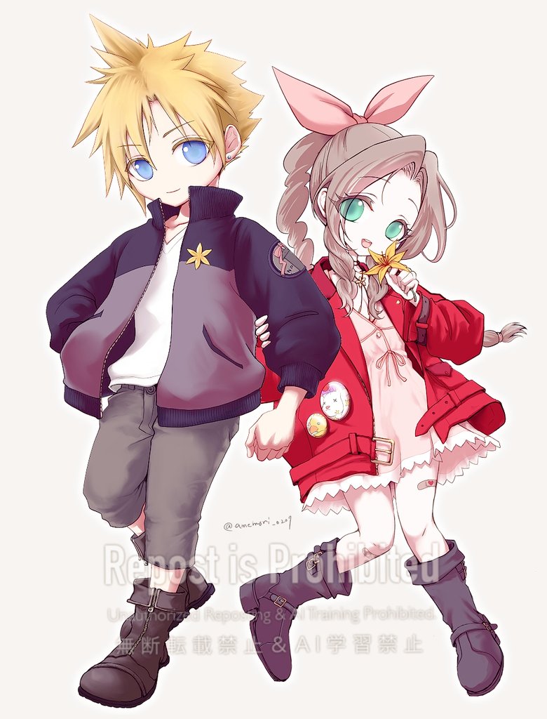 cloud strife, aerith gainsborough, and moogle (final fantasy and 1 more) drawn by amemori_0207