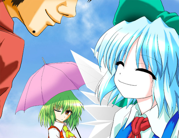 cirno, kazami yuuka, and godai yuusuke (touhou and 2 more) drawn by kamishima_kanon