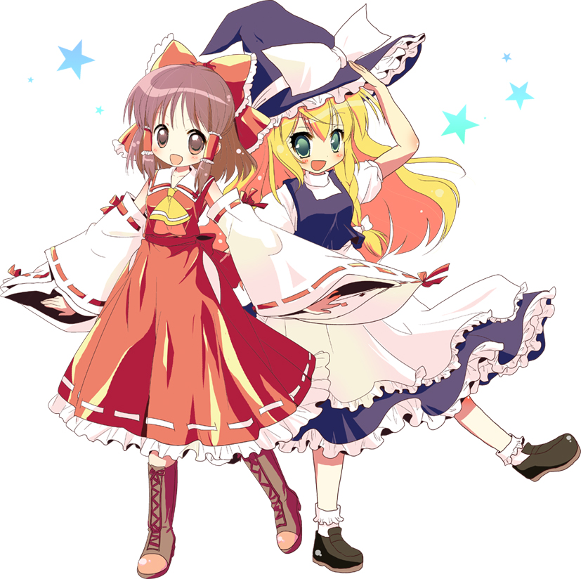 hakurei reimu and kirisame marisa (touhou) drawn by shiwasu_horio