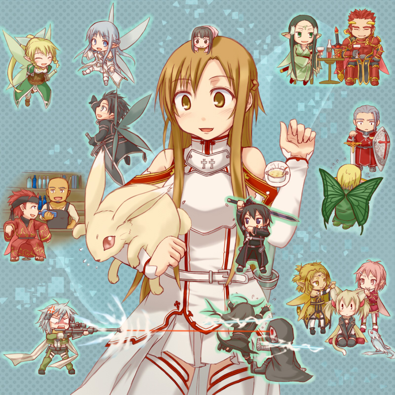 asuna, kirito, sinon, leafa, silica, and 11 more (sword art online) drawn by yuugure