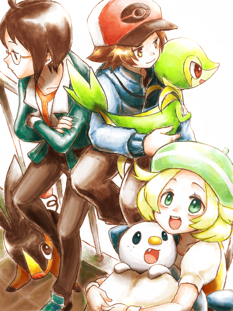 hilbert, oshawott, snivy, bianca, tepig, and 1 more (pokemon and 1 more) drawn by mariemon